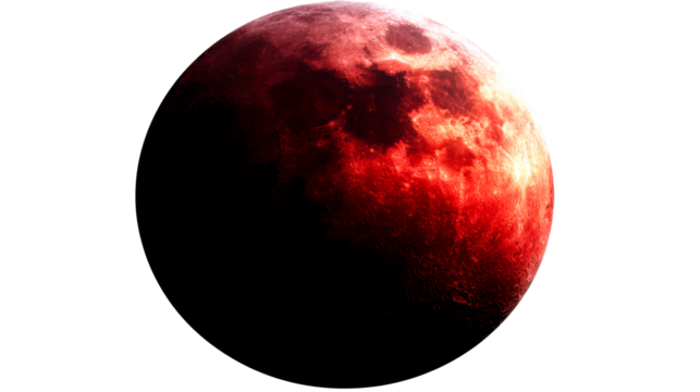 Detailed textured red moon celestial body on transparent background