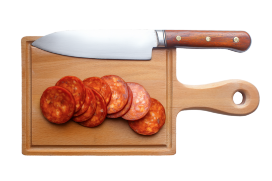 Sliced chorizo on a wooden prep board