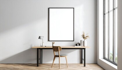 Modern minimalist workspace with a blank picture frame.