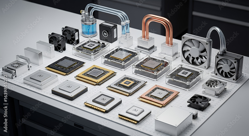 Aufkleber neatly arranged tools for ai optimization including modular chips and cooling units