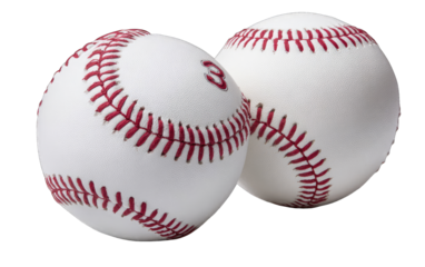 Two baseballs, close-up, white with red stitching, number 3