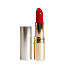 Obraz premium Bright red lipstick in a sleek silver and gold tube displayed on a clean surface