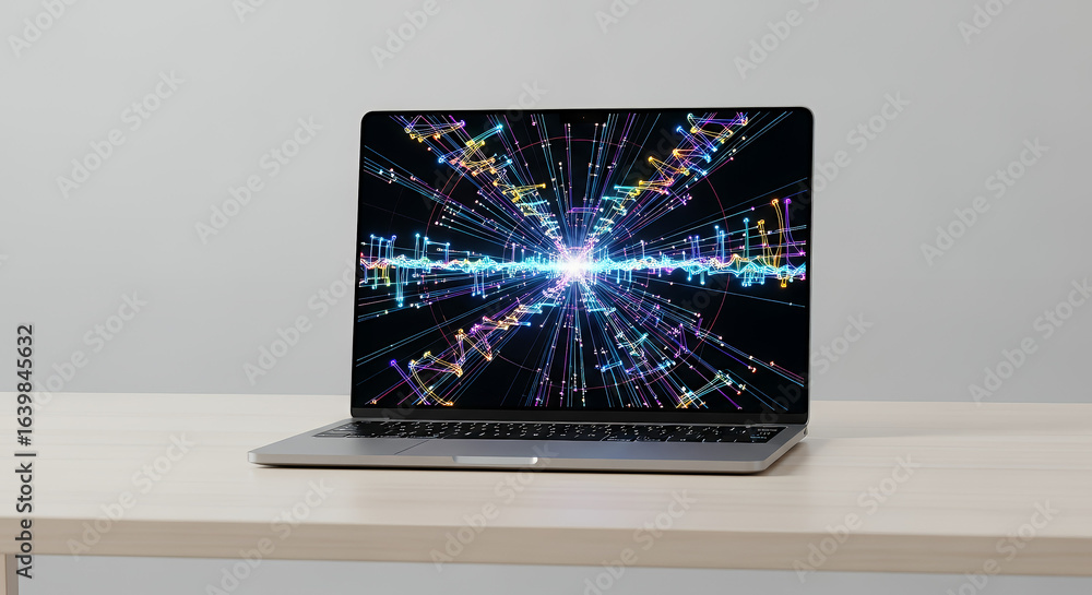 Poster sleek laptop on a clean desk showing generative neural network visualization