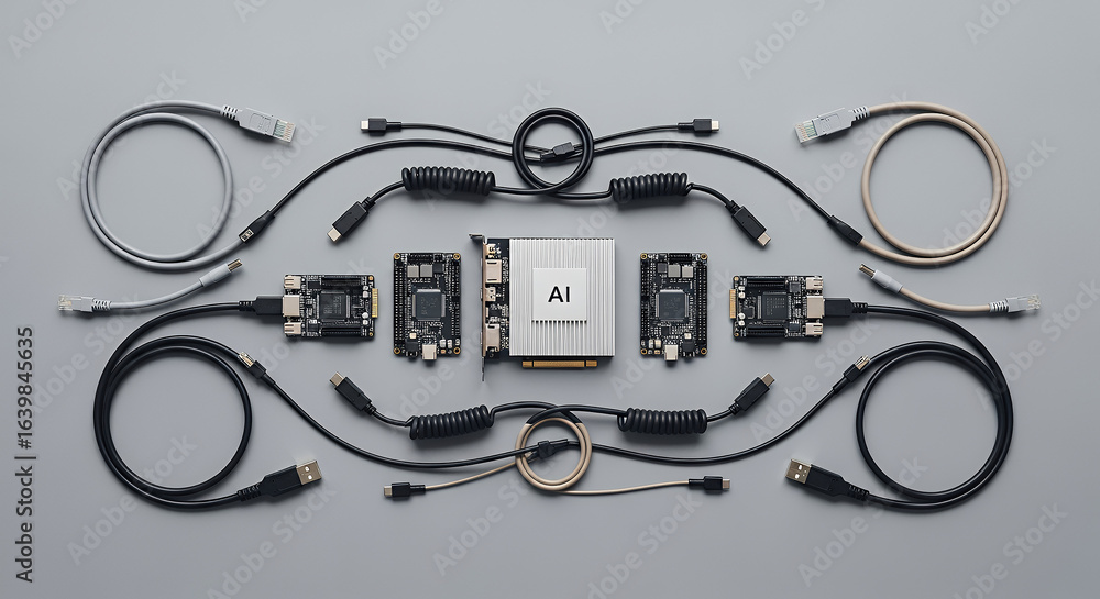 Poster symmetrical layout of ai hardware tools and cables in muted tones