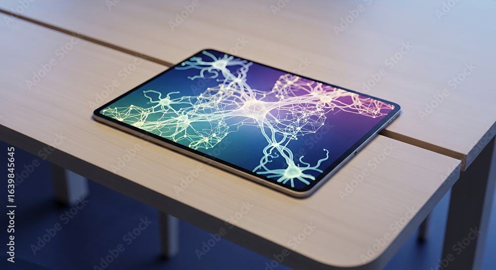 Poster modern table with tablet displaying 3d neural structure in pastel tones