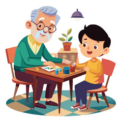 Cartoon vector illustration of a teacher in a classroom sitting at a table with students