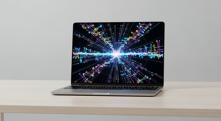 Sleek laptop on a clean desk showing generative neural network visualization