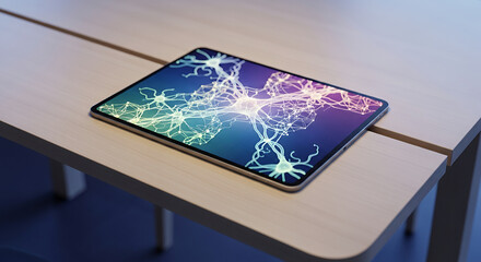 Modern table with tablet displaying 3D neural structure in pastel tones