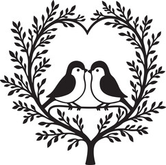 Romantic Love Birds Silhouette with Heart and Branches – Elegant Wedding Vector