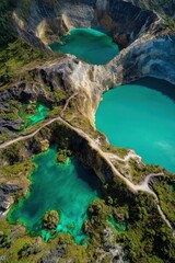 Kelimutu Lakes Aerial View: Turquoise Waters, Volcanic Craters, and Rugged Terrain