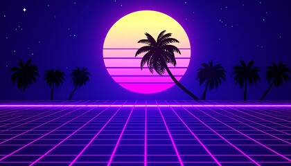 Naklejka premium Abstract vaporwave wallpaper with neon grid perspective, retro sunset gradient, and synthwave-inspired color palette. Perfect for nostalgic 80s retrofuturism designs, backgrounds, and creative digital