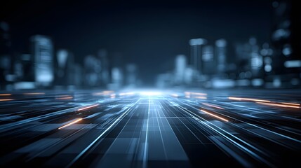 Futuristic data highway with glowing blue and orange light trails on a digital grid.