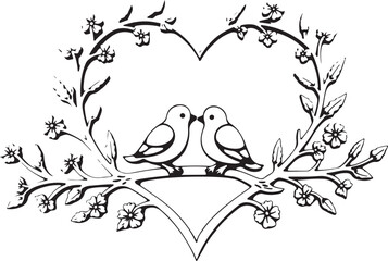 Romantic Love Birds Silhouette with Heart and Branches – Elegant Wedding Vector