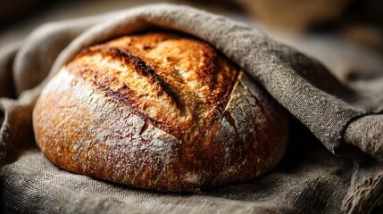 freshly baked bread on rustic linen close up natural warm light