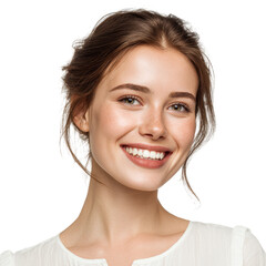 Naklejka premium Smiling young woman with natural beauty and fresh skin against white background in a portrait setting