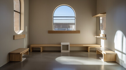 Minimalist room with light wood benches and shelves, arched windows allowing natural light, creating calm and simple atmosphere, with view