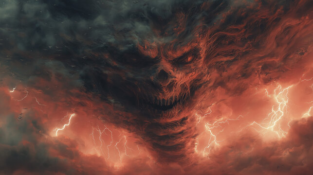 Demonic face forming in storm clouds with lightning strikes - Powered by Adobe