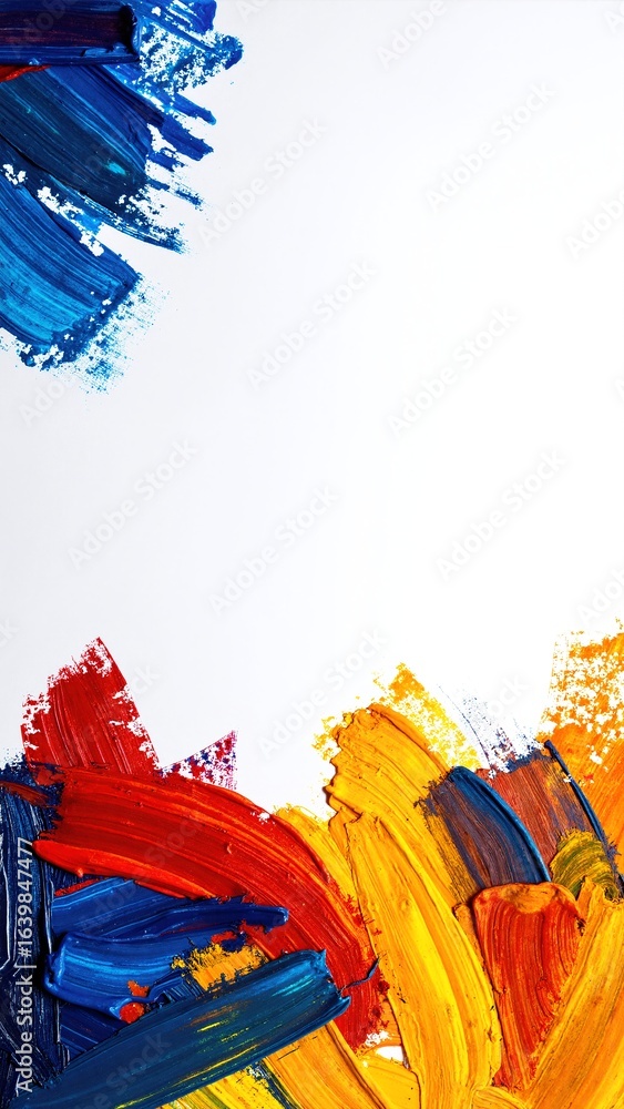 Poster a clean white background featuring vibrant, abstract paint strokes in various colors, creating a dyn
