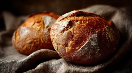 freshly baked bread on rustic linen soft warm light detailed surface