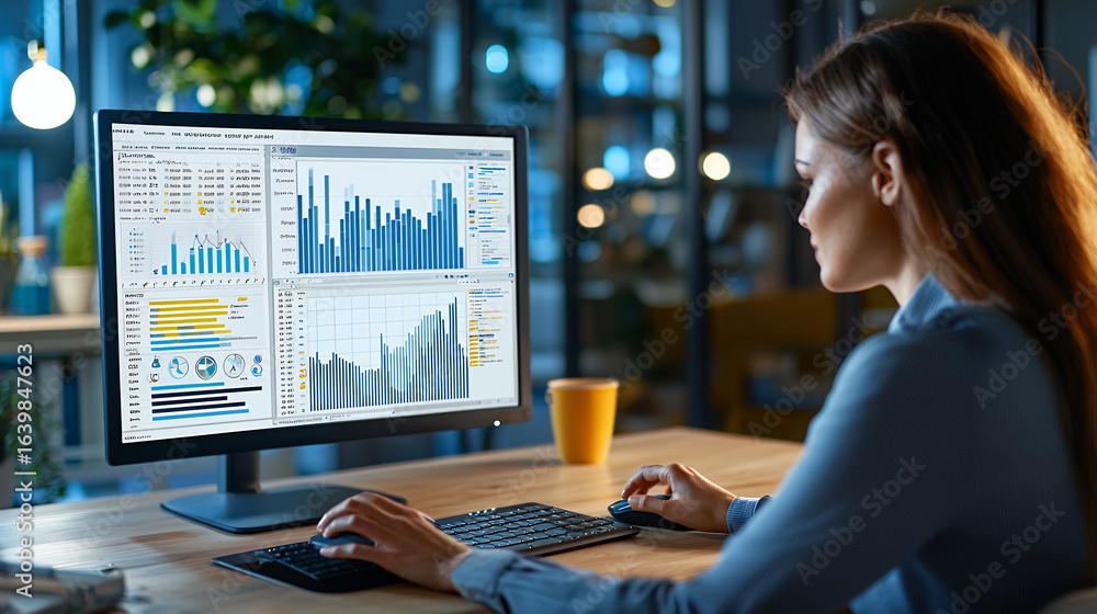 Aufkleber woman analyzes data on computer screen, surrounded by modern workspace with graphs and charts displa