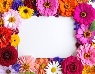 Obraz premium A pristine white paper adorned with a vibrant arrangement of colorful flowers in the center, showcasing delicate petals and lush greenery.