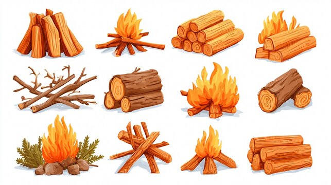 Cartoon Firewood Pile Vector Set for Bonfire Logs - Creative Illustration