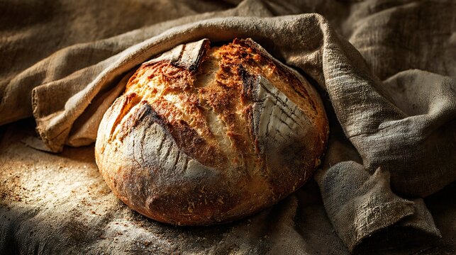freshly baked artisan bread on rustic linen with soft warm light - Powered by Adobe