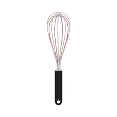 Fototapeta premium Close-up of a stainless steel whisk with a black handle on a white background.
