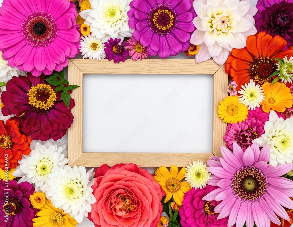 Poster a rustic wooden frame elegantly encircled by a vibrant array of blooming flowers in various hues, cr