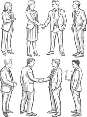 Business people handshake illustration, formal office attire, corporate interaction sketch, teamwork concept art, professional meeting pose, vector drawing of executives