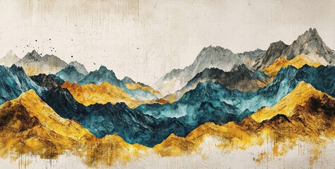 Naklejka premium Abstract Mountain Range in Teal, Gold and Grey, landscape art , mountain painting