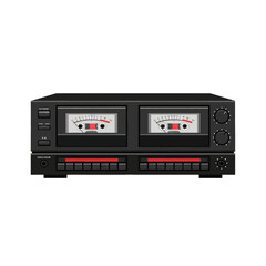 A vintage dual cassette tape deck with VU meters and controls on a white background.
