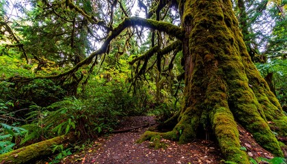 Naklejka premium Lush forest floor with mossy ancient trees.