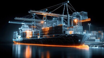 A digital wireframe of a cargo ship with containers at a port, highlighting advanced shipping technology and modern logistics
