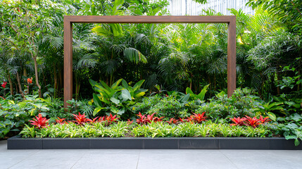 Obraz premium Lush greenery surrounds wooden frame, showcasing vibrant red flowers and tropical plants in serene garden setting