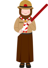 Illustration of Indonesian Scout Holding Scout Staff