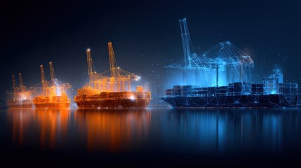 Obraz premium Digital wireframe ships and cranes are illuminated in blue and orange, symbolizing futuristic maritime transport and logistics technology