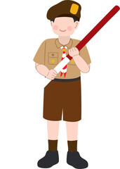 Illustration of Indonesian Scout Holding Scout Staff