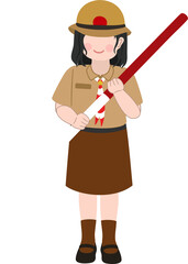Illustration of Indonesian Scout Holding Scout Staff
