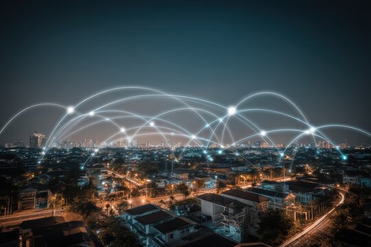 A cityscape at night with glowing arcs symbolizing digital connectivity and smart technology across the urban landscape