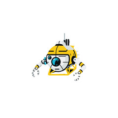 A cute, yellow robotic submersible with articulated arms, designed for deep-sea exploration.