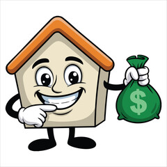 House cartoon character holding a full bag of money. Fun raster illustration for banking, property, home finance, or housing themed graphics