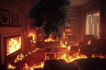 Living Room Engulfed in Flames and Smoke, Disaster, Fire safety