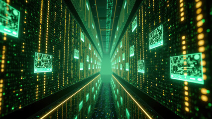 Futuristic digital corridor filled with glowing green data streams and circuit board displays creates immersive tech environment