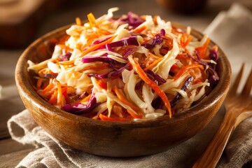 A wooden bowl filled with fresh coleslaw made of shredded cabbage and carrots, set on a rustic table with natural lighting