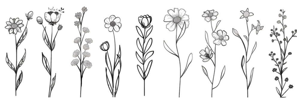 Black and white hand-drawn floral illustrations.  Simple line art flowers and leaves with small decorative details.  Various flower types and leaf structures - Powered by Adobe