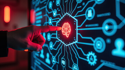 Fototapeta premium Hand interacts with digital interface displaying glowing brain symbol, representing artificial intelligence and technology. background features