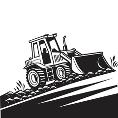Black and white icon of a wheel loader silhouette pushing dirt on a construction site. Vector illustration of earthmoving machinery.