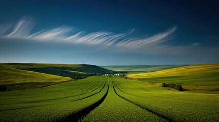 Obraz premium Vast green fields stretch under a clear blue sky with wispy clouds, leading to distant white houses nestled among rolling hills