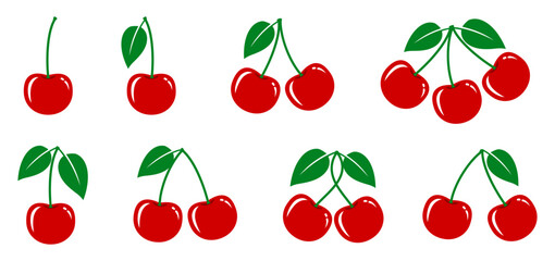 Cherry fruit with green leaves set, sweet cherry berry in different sides, simple red cherries